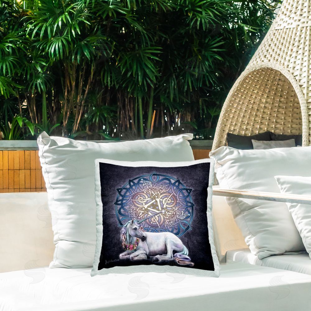 Brigid Ashwood Unicorn Celtic Knot Outdoor Quick-Dry Polyester Printed Throw Pillow in Back Yard