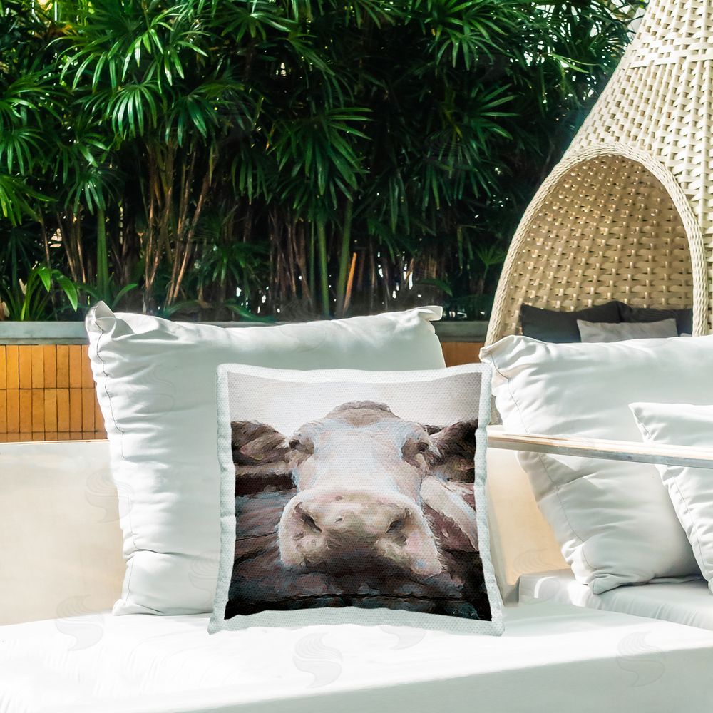Denise Brown Cow Close Up Face Outdoor Quick-Dry Polyester Printed Throw Pillow in Back Yard