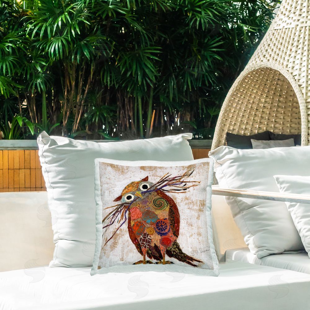 Elizabeth St. Hilaire Rustic Patterned Owl Outdoor Quick-Dry Polyester Printed Throw Pillow in Back Yard