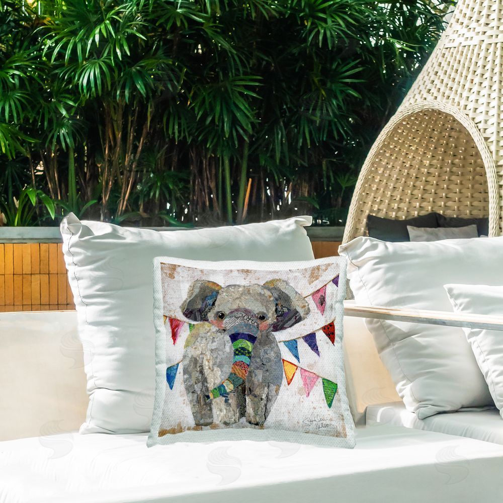 Elizabeth St. Hilaire Elephant & Garlands Outdoor Quick-Dry Polyester Printed Throw Pillow in Back Yard