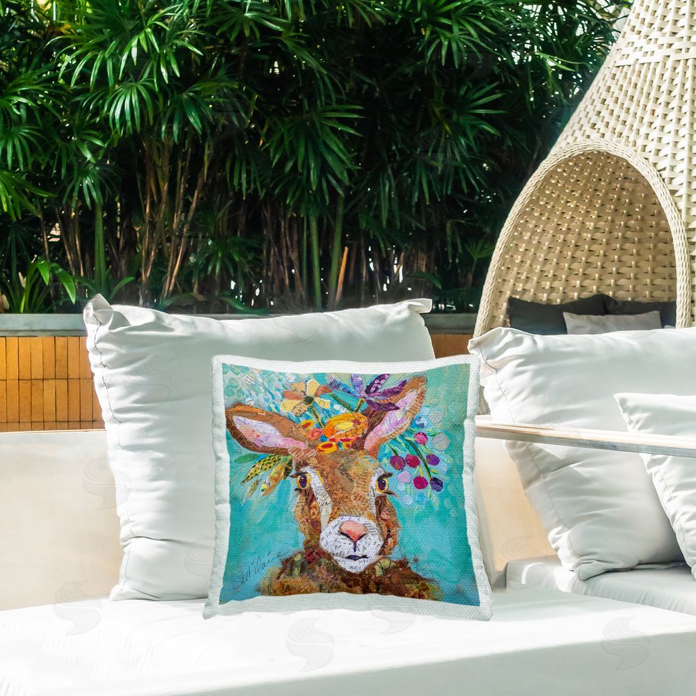 Elizabeth St. Hilaire Flower Bouquet Rabbit Outdoor Quick-Dry Polyester Printed Throw Pillow in Back Yard