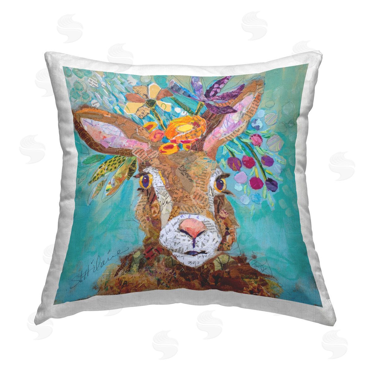 Elizabeth St. Hilaire Flower Bouquet Rabbit Printed Plush Polyester Throw Pillow