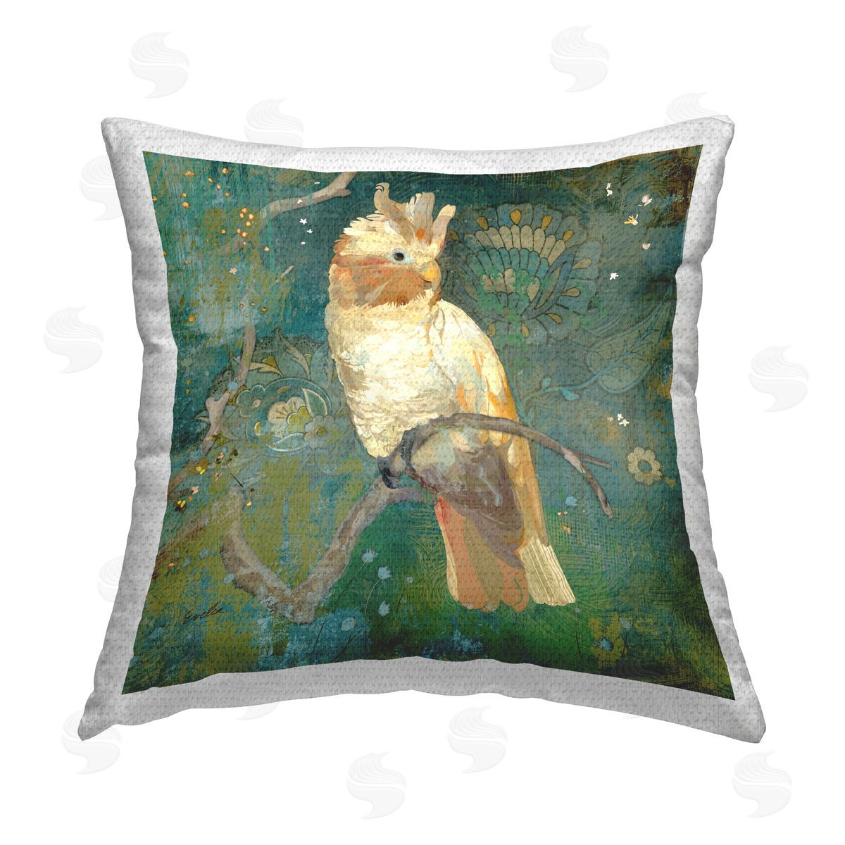 Evelia Designs Floral Cockatoo Bird Outdoor Quick-Dry Polyester Printed Throw Pillow