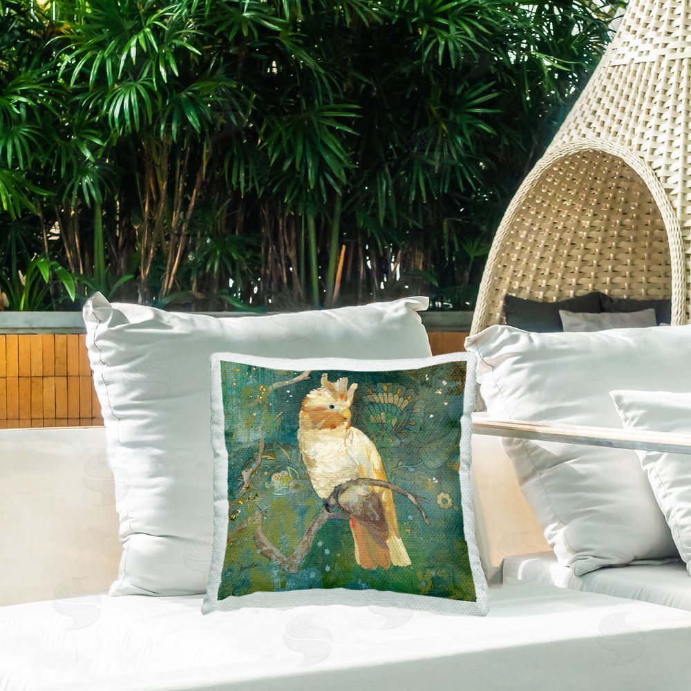 Evelia Designs Floral Cockatoo Bird Outdoor Quick-Dry Polyester Printed Throw Pillow in Back Yard