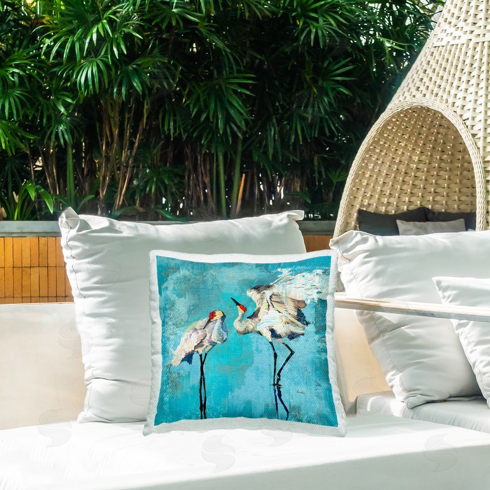 Evelia Designs Abstract Blue Cranes Outdoor Quick-Dry Polyester Printed Throw Pillow in Back Yard