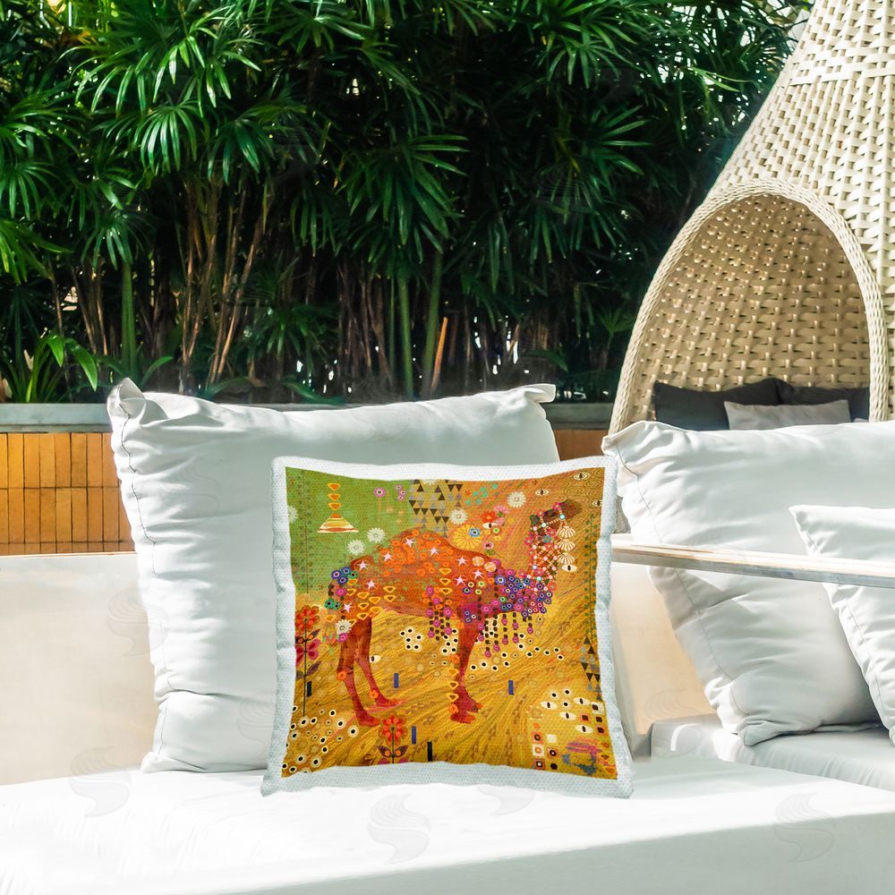 Evelia Designs Mosaic Patterned Camel Outdoor Quick-Dry Polyester Printed Throw Pillow in Back Yard