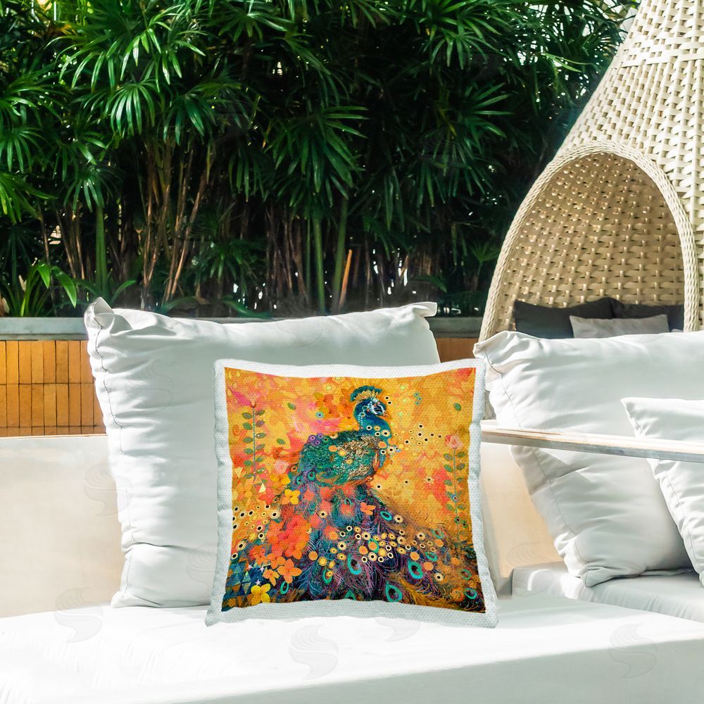 Evelia Designs Peacock Abstract Pattern Outdoor Quick-Dry Polyester Printed Throw Pillow in Back Yard