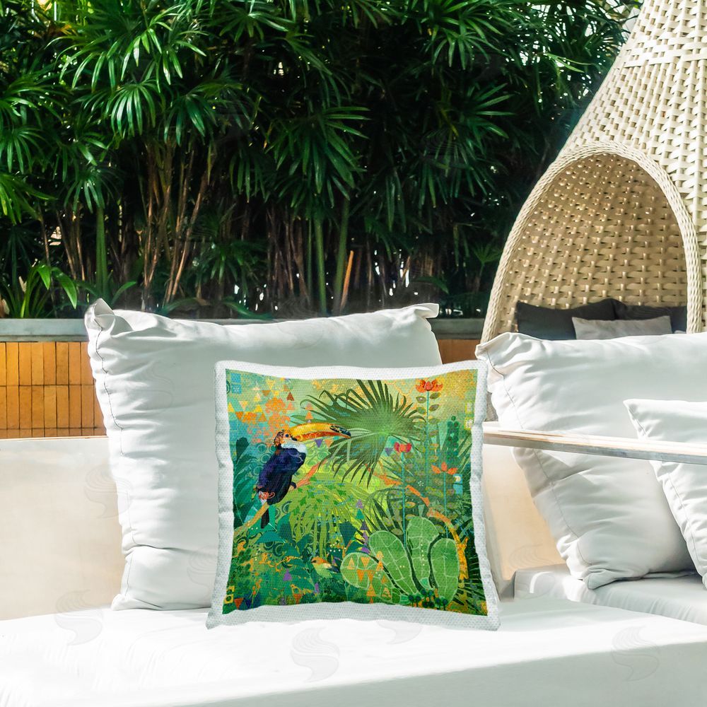 Evelia Designs Abstract Jungle Toucan Outdoor Quick-Dry Polyester Printed Throw Pillow in Back Yard