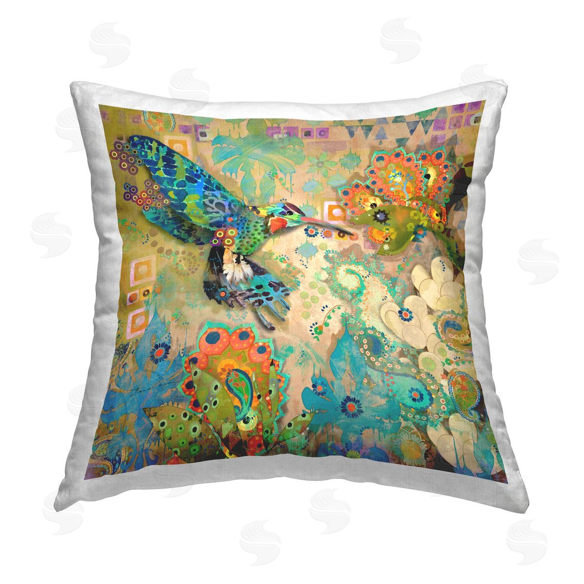 Evelia Designs Mosaic Floral Hummingbird Printed Plush Polyester Throw Pillow
