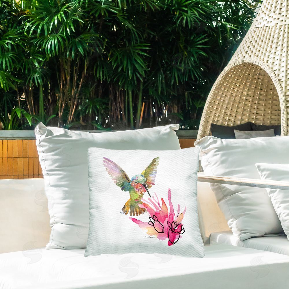 Evelia Designs Hummingbird & Cactus Outdoor Quick-Dry Polyester Printed Throw Pillow in Back Yard