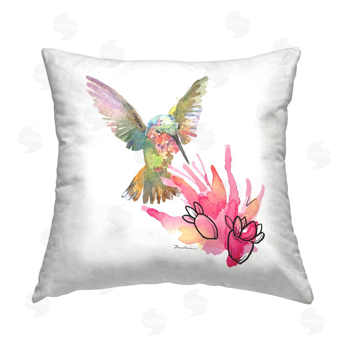 Evelia Designs Hummingbird & Cactus Printed Plush Polyester Throw Pillow