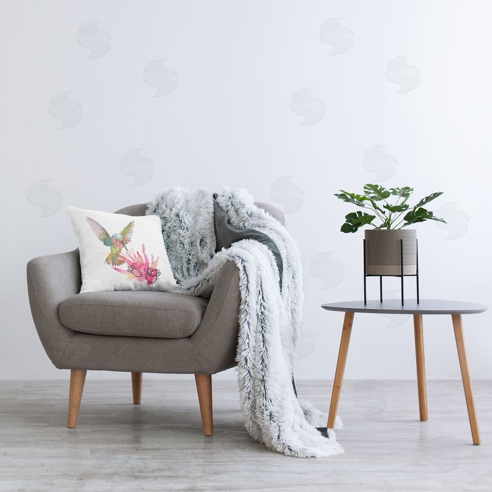 Evelia Designs Hummingbird & Cactus Printed Plush Polyester Throw Pillow On Chair