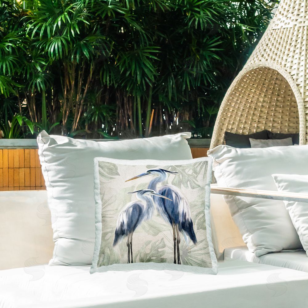 Kim Allen Herons & Leaf Pattern Outdoor Quick-Dry Polyester Printed Throw Pillow in Back Yard
