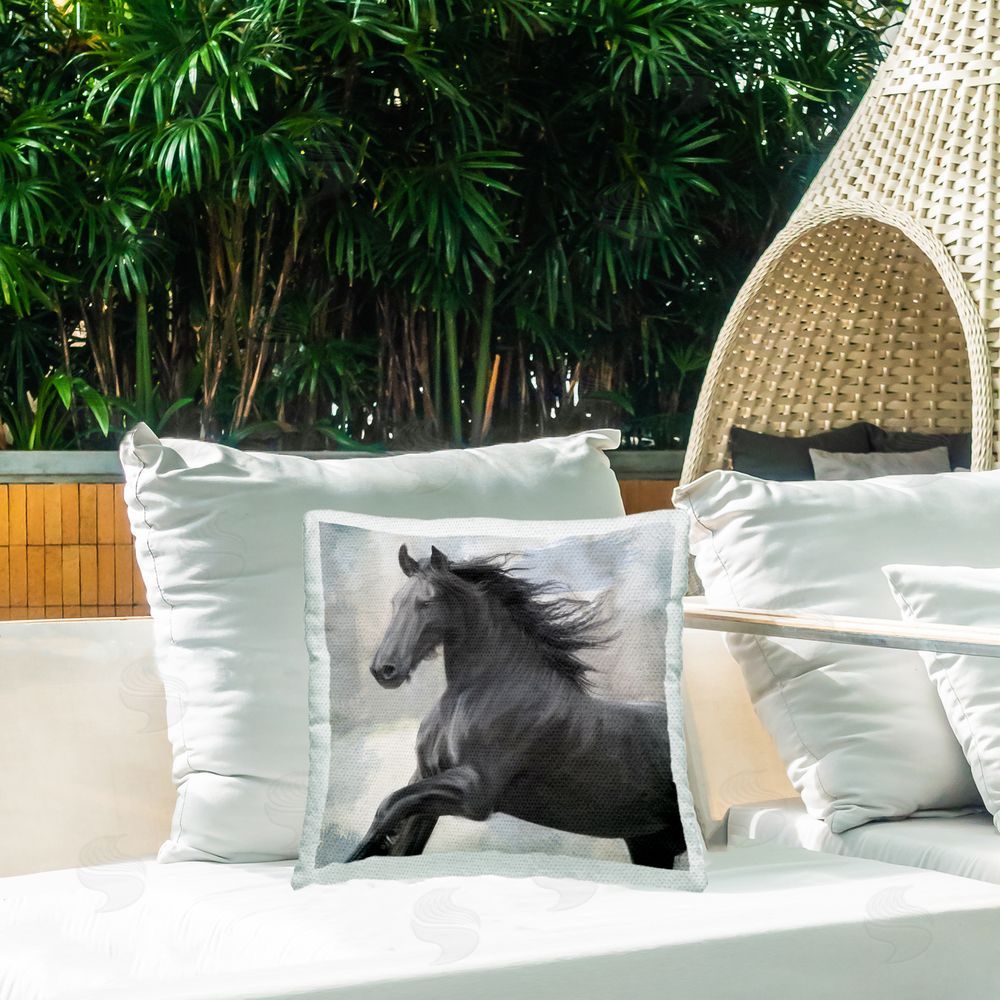 Kim Allen Black Galloping Horse Outdoor Quick-Dry Polyester Printed Throw Pillow in Back Yard