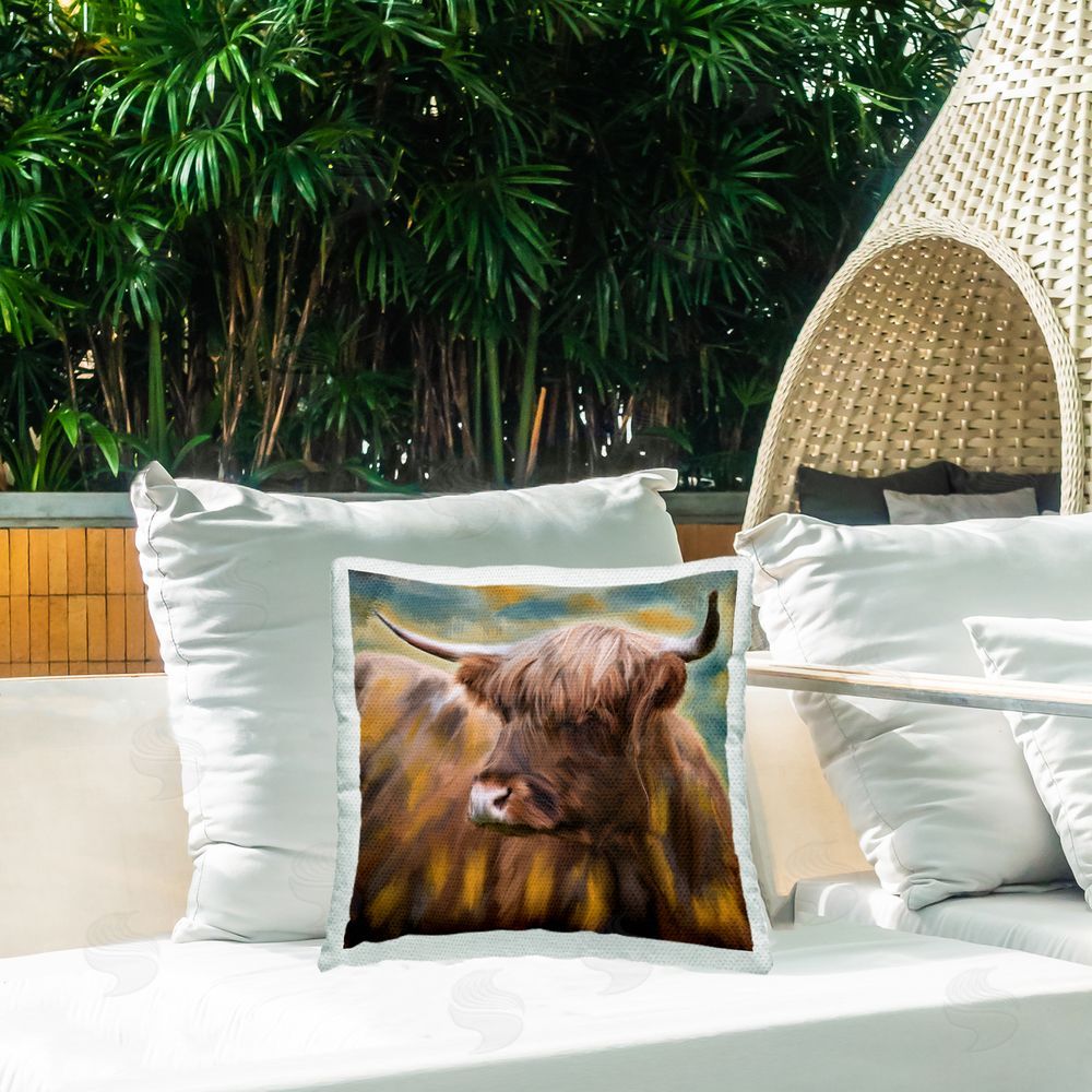 Kim Allen Brown Highland Cow Outdoor Quick-Dry Polyester Printed Throw Pillow in Back Yard