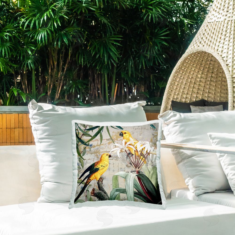 Karen Smith Vintage Birds & Leaves Outdoor Quick-Dry Polyester Printed Throw Pillow in Back Yard