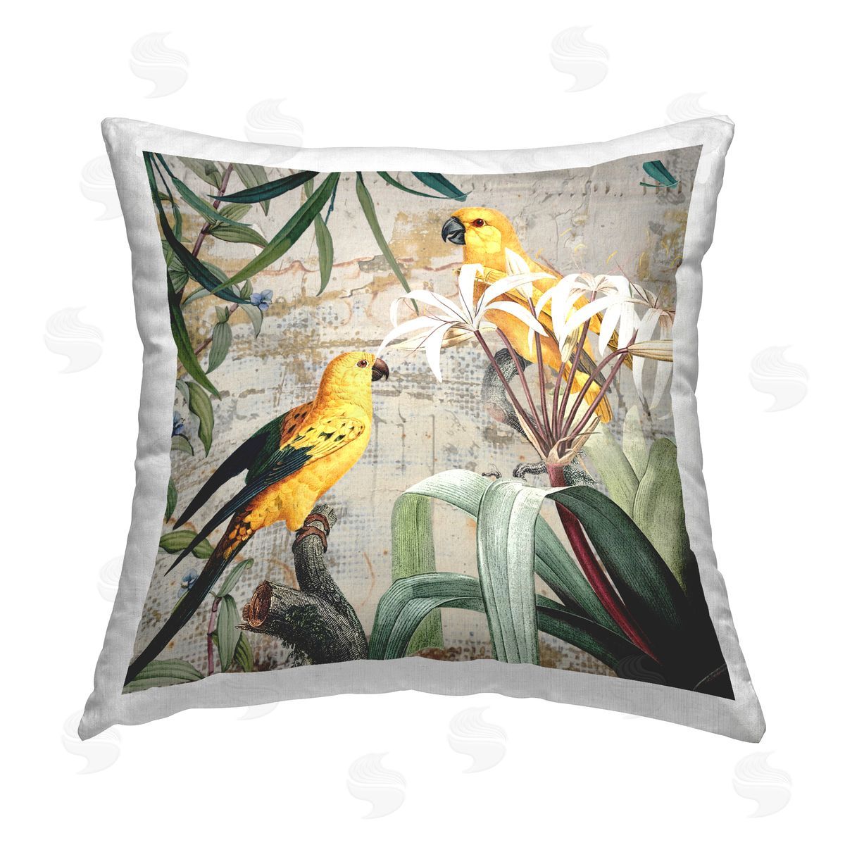 Karen Smith Vintage Birds & Leaves Printed Plush Polyester Throw Pillow
