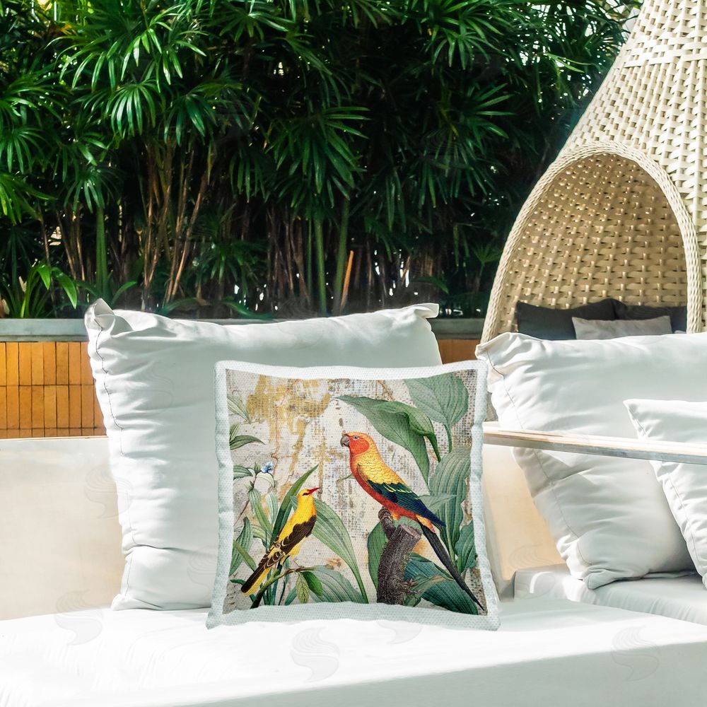 Karen Smith Rustic Tropical Birds Outdoor Quick-Dry Polyester Printed Throw Pillow in Back Yard