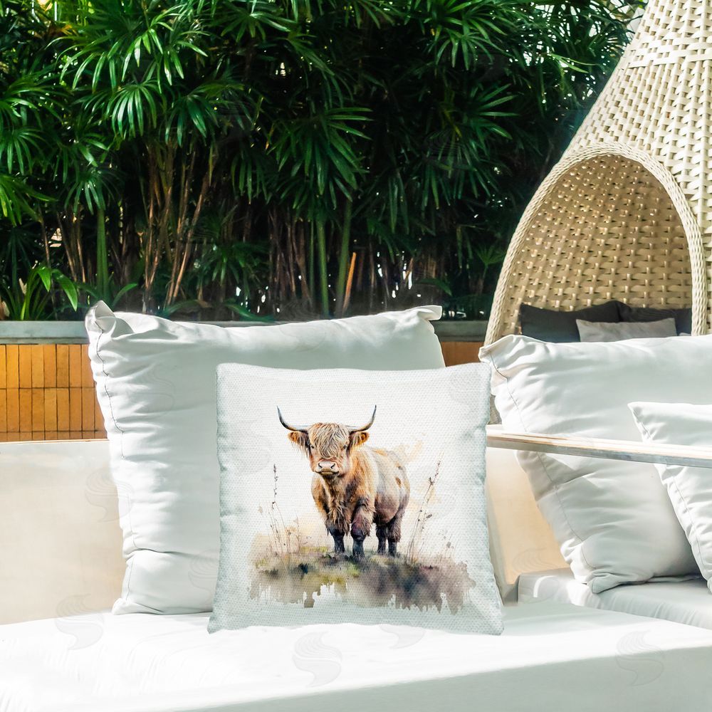 LSR Design Studio Highland Cow Nature Outdoor Quick-Dry Polyester Printed Throw Pillow in Back Yard