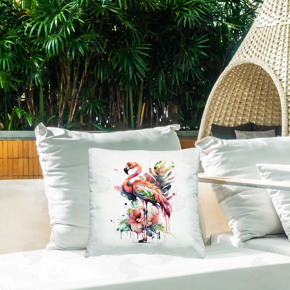 LSR Design Studio Tropical Hibiscus & Flamingo Outdoor Quick-Dry Polyester Printed Throw Pillow in Back Yard