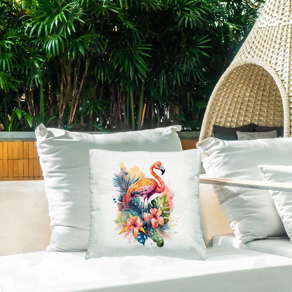 LSR Design Studio Flamingo & Tropical Plants Outdoor Quick-Dry Polyester Printed Throw Pillow in Back Yard