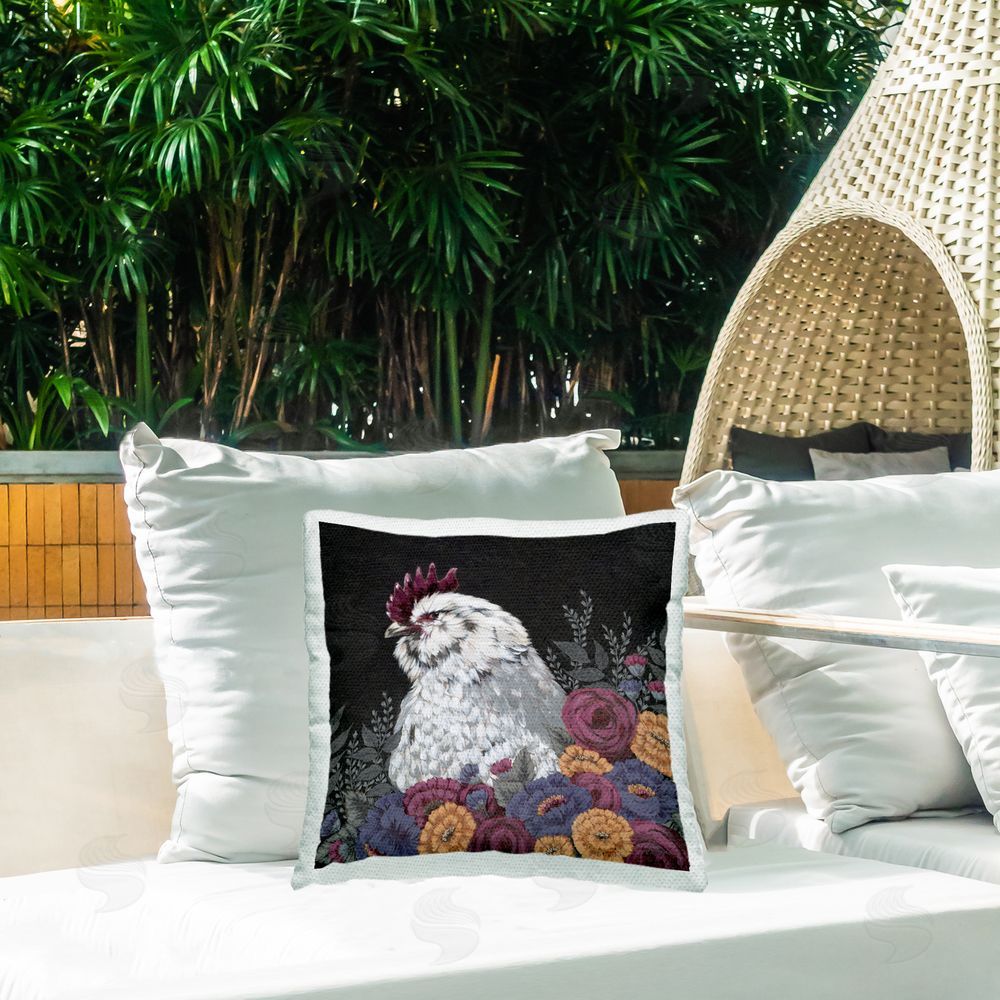 Michele Norman Hen with Flowers Outdoor Quick-Dry Polyester Printed Throw Pillow in Back Yard