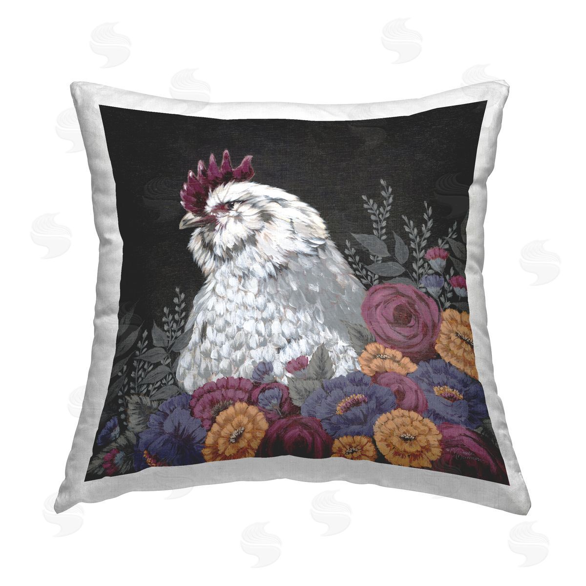 Michele Norman Hen with Flowers Printed Plush Polyester Throw Pillow