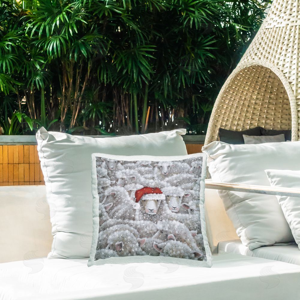 Nicola Mason Christmas Hat Sheep Outdoor Quick-Dry Polyester Printed Throw Pillow in Back Yard