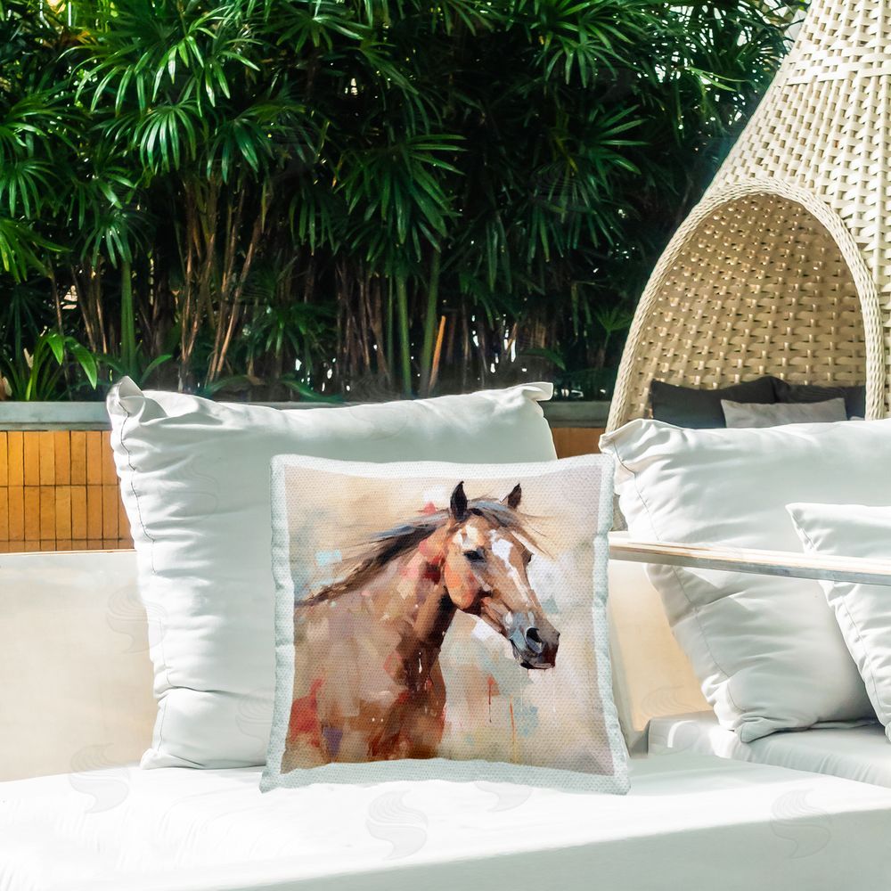 Irena Orlov Abstract Brown Horse Outdoor Quick-Dry Polyester Printed Throw Pillow in Back Yard
