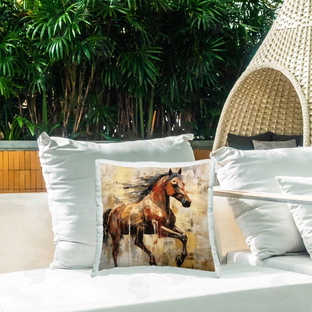 Irena Orlov Rustic Brown Horse Outdoor Quick-Dry Polyester Printed Throw Pillow in Back Yard