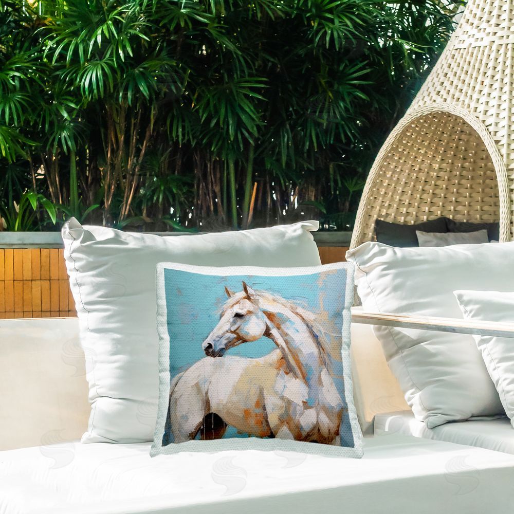 Irena Orlov Blue & White Horse Outdoor Quick-Dry Polyester Printed Throw Pillow in Back Yard