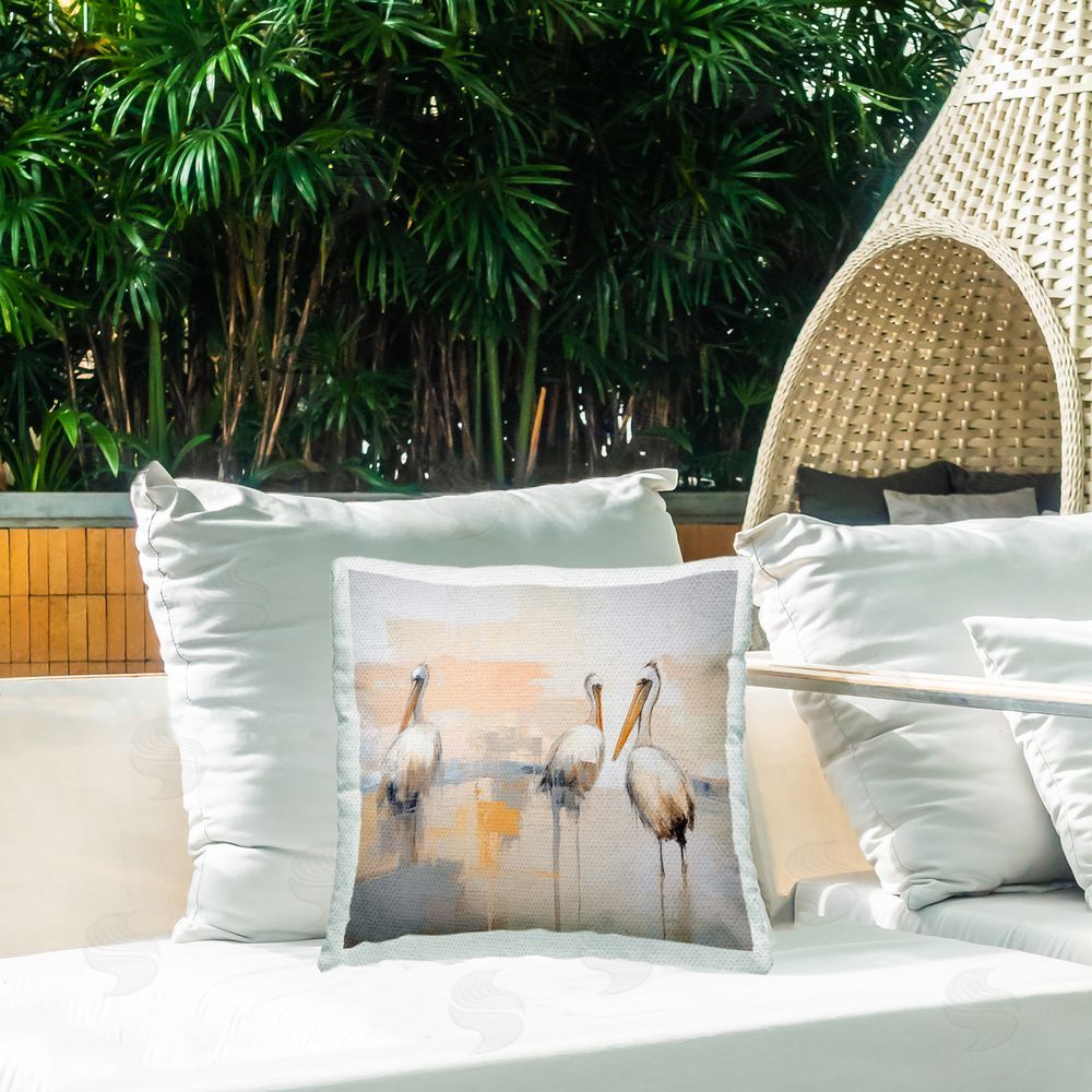 Irena Orlov Pelicans on Beach Outdoor Quick-Dry Polyester Printed Throw Pillow in Back Yard