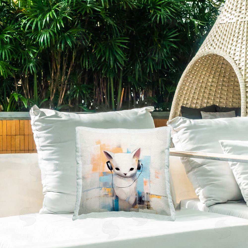 Irena Orlov Cat with Headphones Outdoor Quick-Dry Polyester Printed Throw Pillow in Back Yard