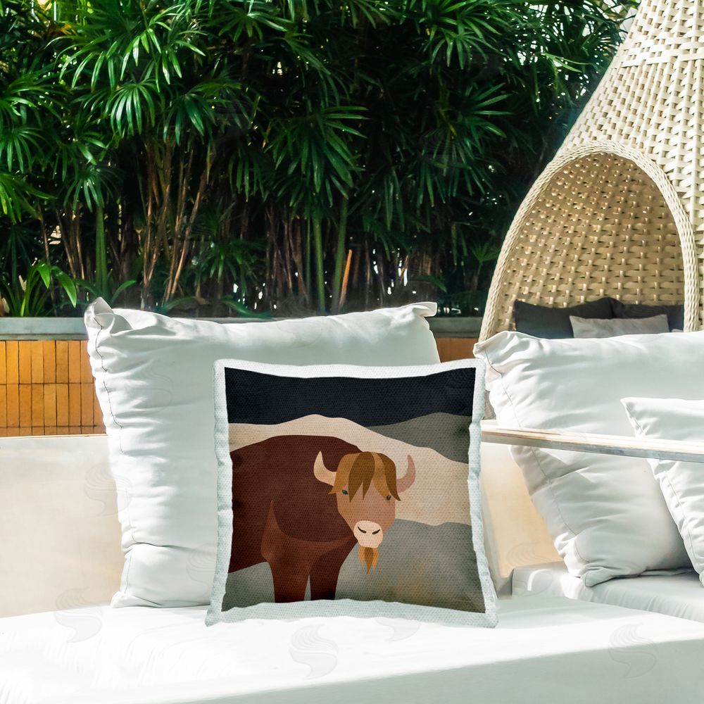 Rachel Nieman Modern Highland Cow Outdoor Quick-Dry Polyester Printed Throw Pillow in Back Yard
