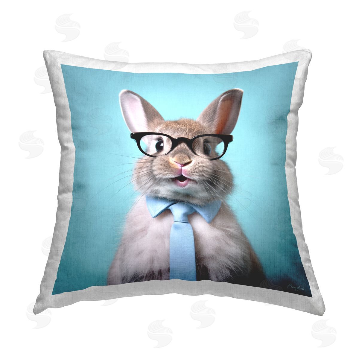 Roozbeh Rabbit with Glasses & Tie Printed Plush Polyester Throw Pillow