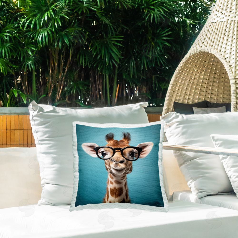 Roozbeh Giraffe & Black Glasses Outdoor Quick-Dry Polyester Printed Throw Pillow in Back Yard