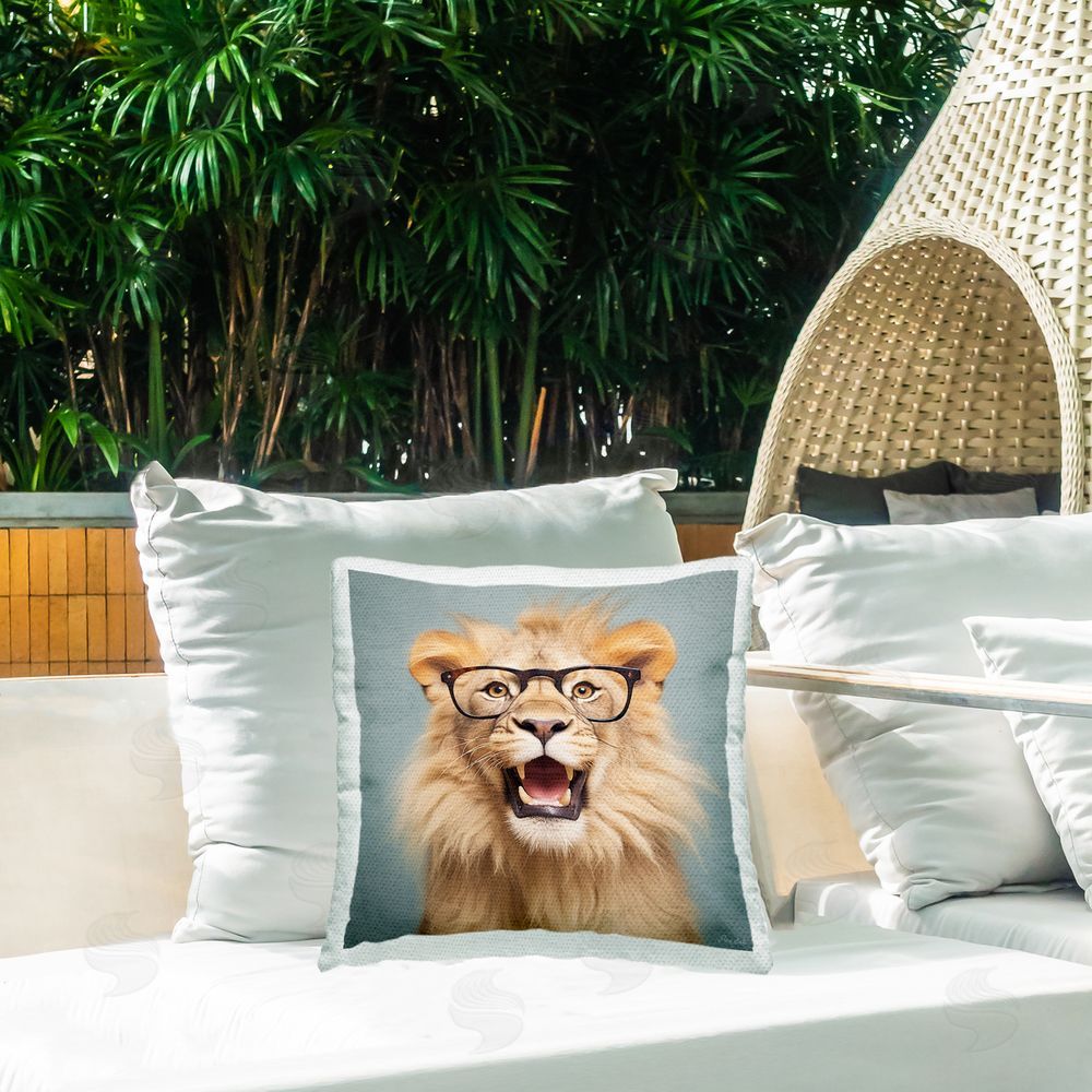 Roozbeh Lion with Black Glasses Outdoor Quick-Dry Polyester Printed Throw Pillow in Back Yard