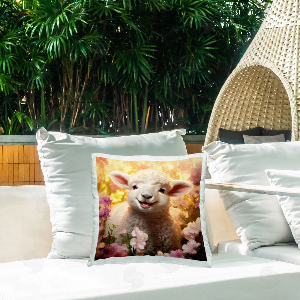 Roozbeh Lamb & Flower Meadow Outdoor Quick-Dry Polyester Printed Throw Pillow in Back Yard