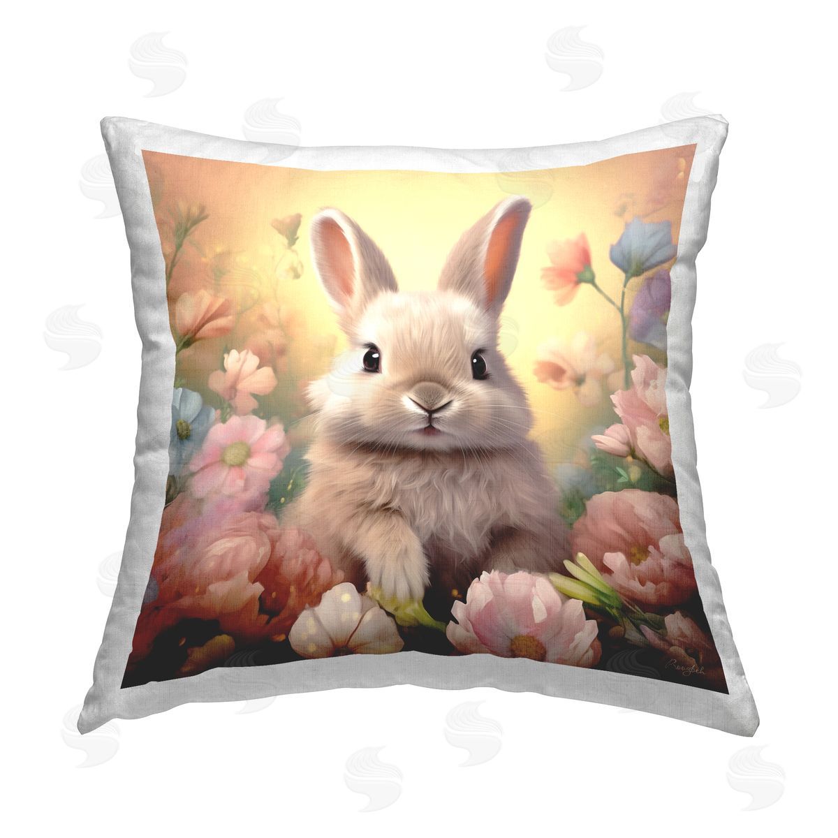 Roozbeh Bunny & Spring Blooms Printed Plush Polyester Throw Pillow