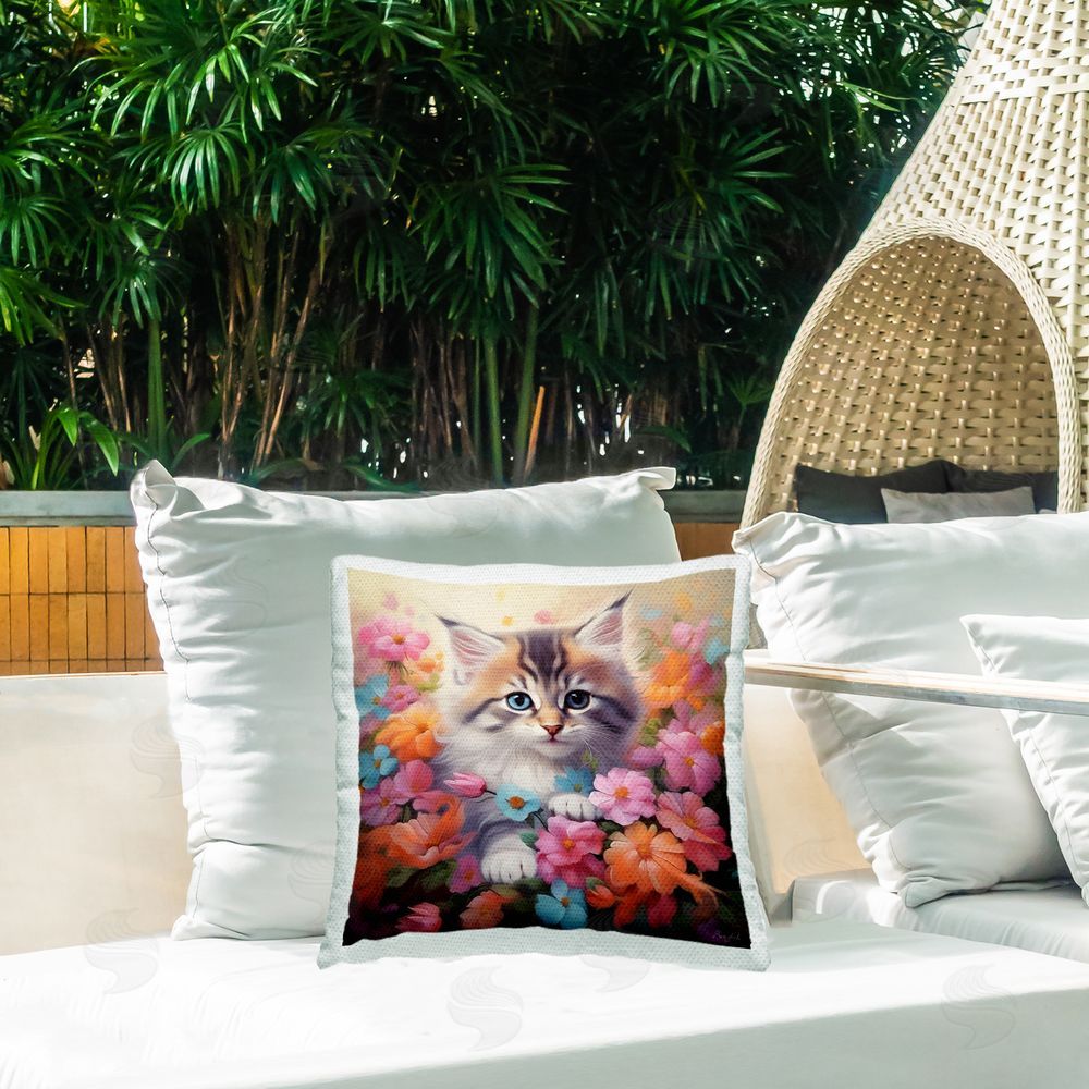 Roozbeh Kitten & Flower Meadow Outdoor Quick-Dry Polyester Printed Throw Pillow in Back Yard