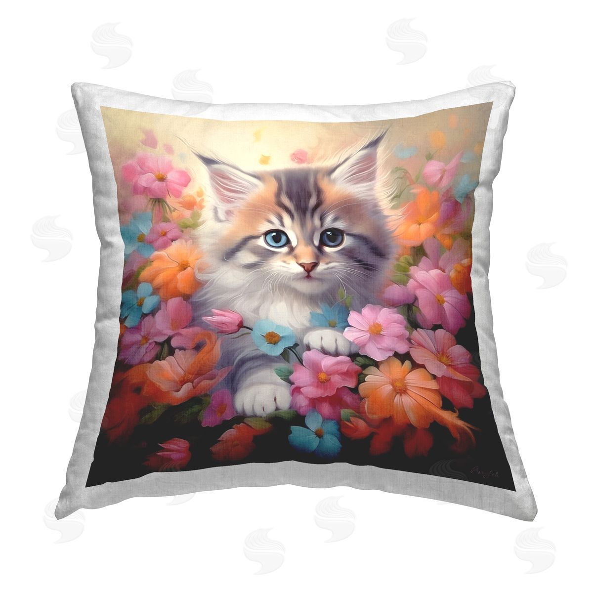 Roozbeh Kitten & Flower Meadow Printed Plush Polyester Throw Pillow