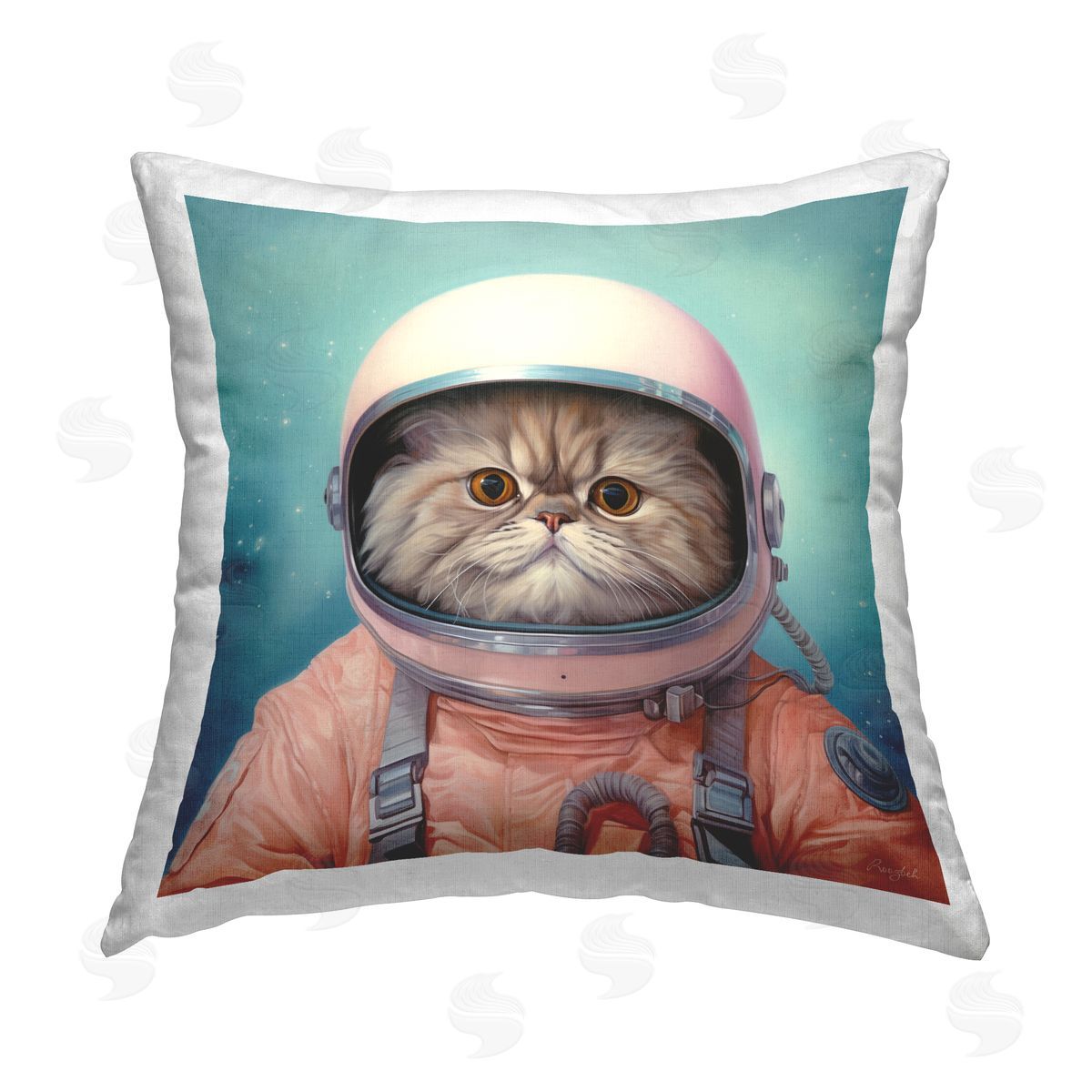 Roozbeh Astronaut Cat on Blue Printed Plush Polyester Throw Pillow