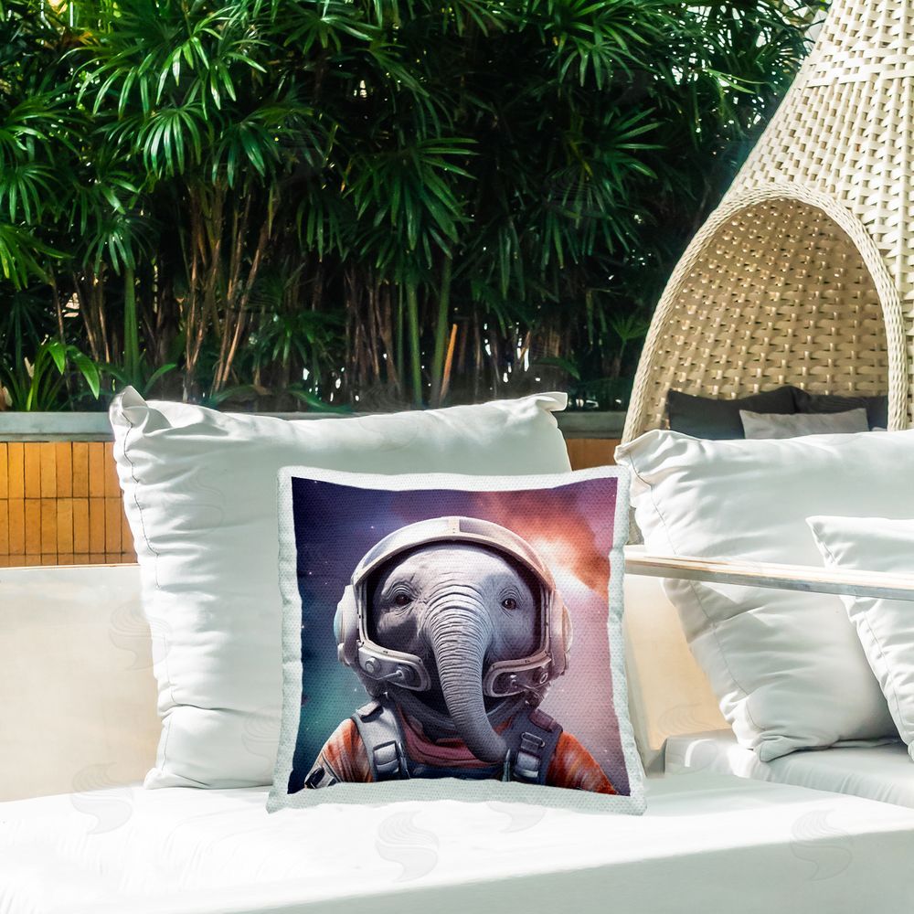 Roozbeh Elephant Space Astronaut Outdoor Quick-Dry Polyester Printed Throw Pillow in Back Yard