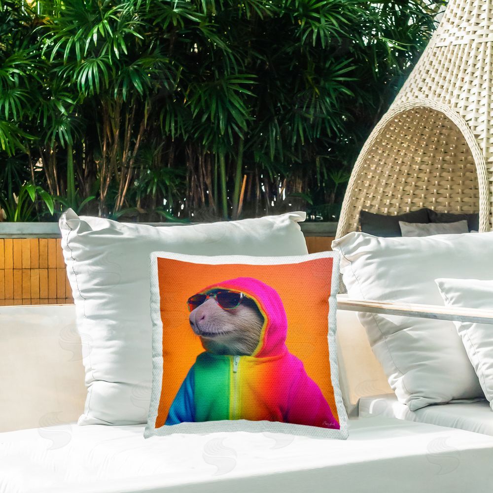 Roozbeh Capybara Rainbow Hoodie Outdoor Quick-Dry Polyester Printed Throw Pillow in Back Yard