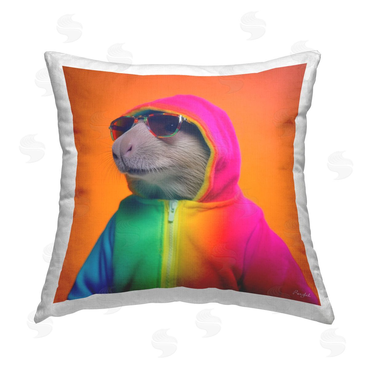 Roozbeh Capybara Rainbow Hoodie Printed Plush Polyester Throw Pillow