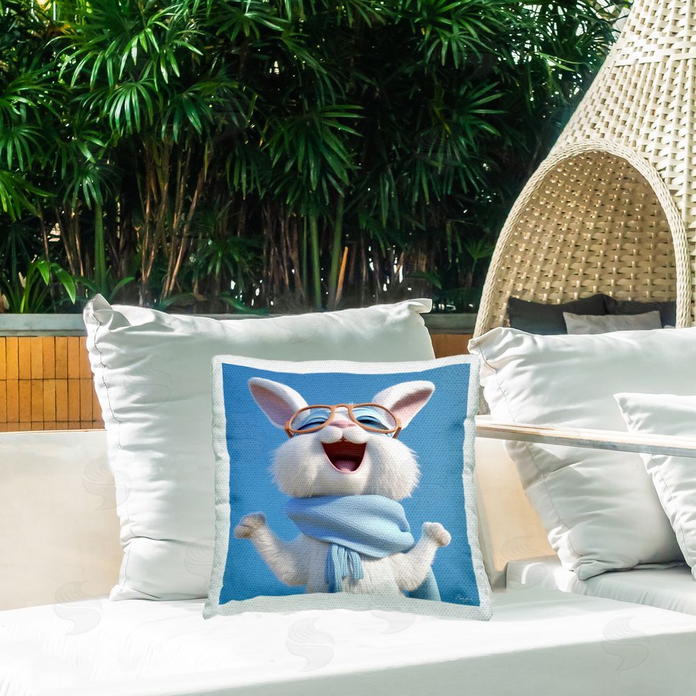 Roozbeh Smiling Cartoon Rabbit Outdoor Quick-Dry Polyester Printed Throw Pillow in Back Yard