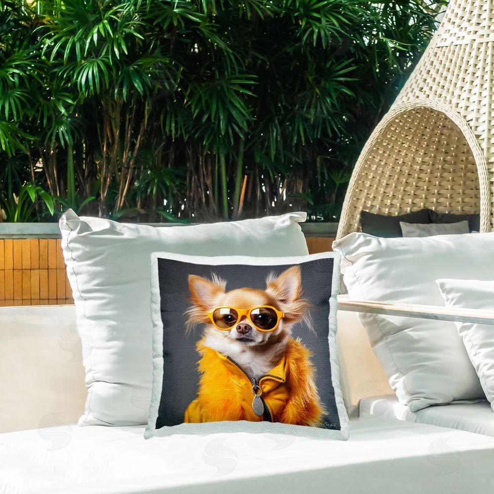 Roozbeh Yellow Fashion Chihuahua Outdoor Quick-Dry Polyester Printed Throw Pillow in Back Yard