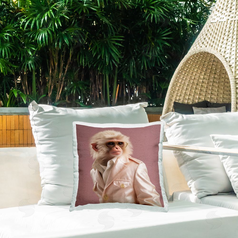 Roozbeh Monkey in Glam Suit Outdoor Quick-Dry Polyester Printed Throw Pillow in Back Yard