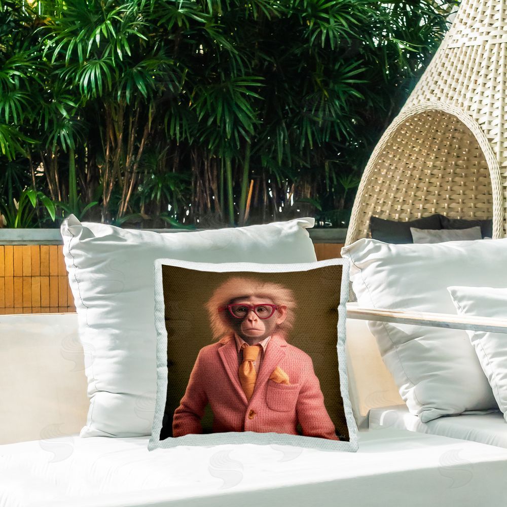 Roozbeh Monkey in Chic Suit Outdoor Quick-Dry Polyester Printed Throw Pillow in Back Yard