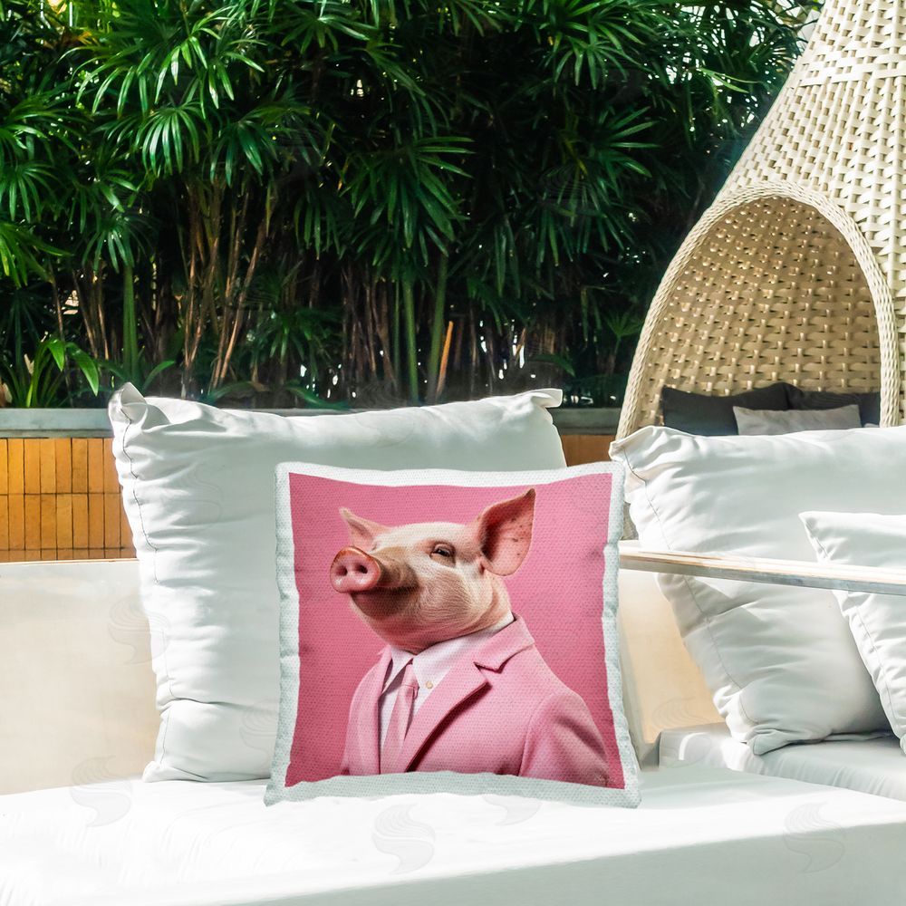 Roozbeh Pig & Pink Suit Outdoor Quick-Dry Polyester Printed Throw Pillow in Back Yard